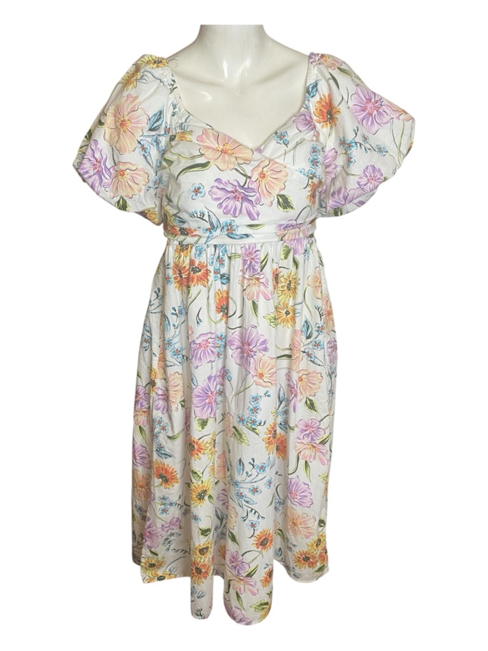 Crown & Ivy White Floral Midi Dress with Pastel Blooms Size S